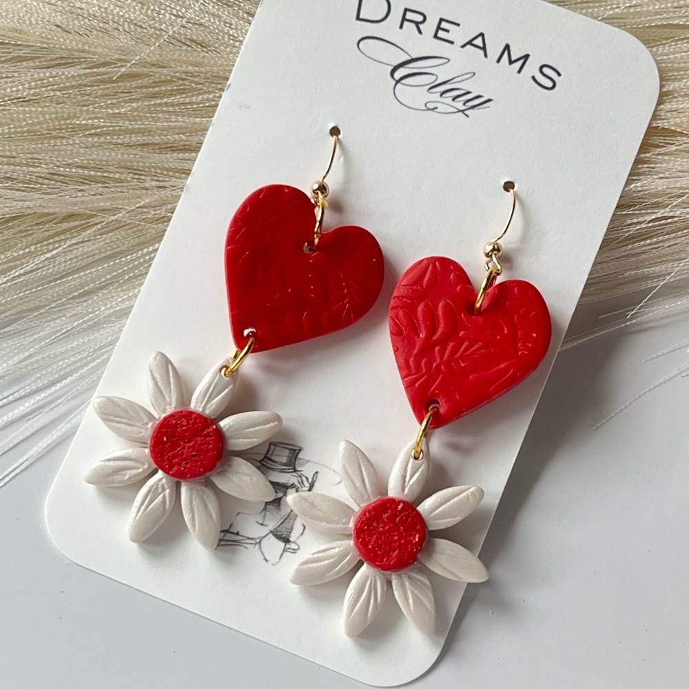 Handmade Polymer Clay Earrings - Neutral Pastel Floral Print - Picture 2 of 5